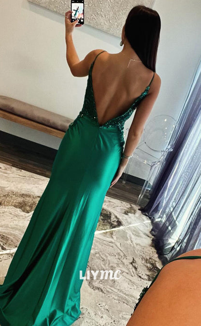 LP2050 - V-Neck Backless Appliques Sleek Satin Sheath Prom Dress