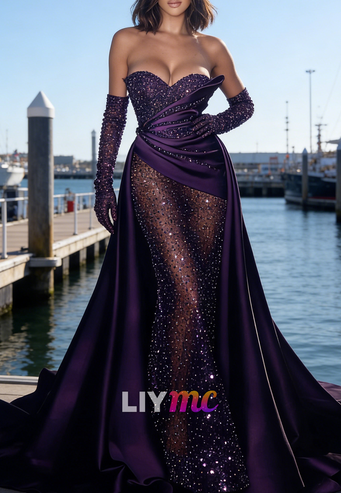 V-Neck Beaded Embroidery Mermaid Sparkly Lined Prom Dress