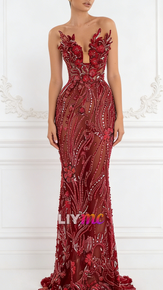V-Neck Beaded Embroidery Mermaid Sparkly Prom Dress