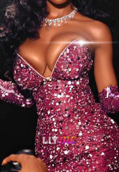 V-Neck Beaded Embroidery Sparkly Mermaid Prom Dress with Gloves