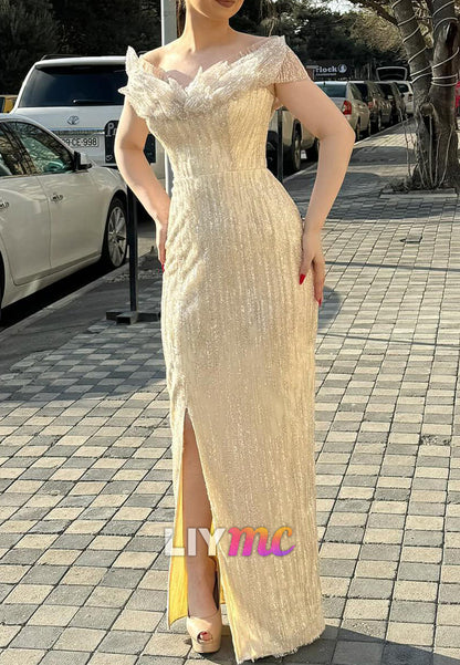 V-Neck Beaded Embroidery Sparkly Sheath Evening Dress