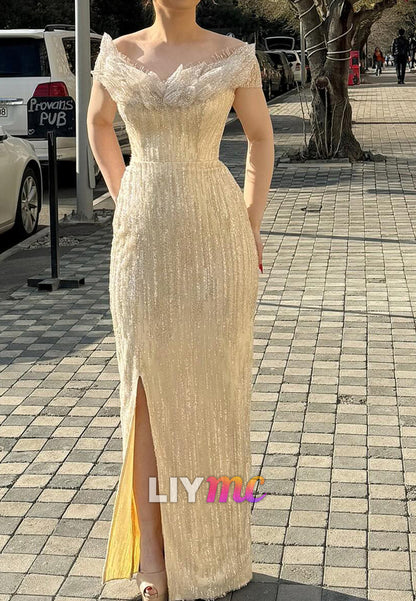 V-Neck Beaded Embroidery Sparkly Sheath Evening Dress
