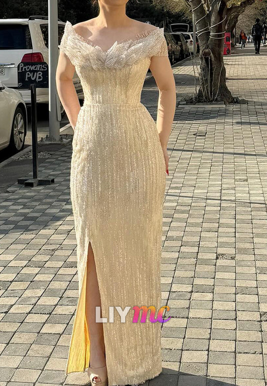 V-Neck Beaded Embroidery Sparkly Sheath Evening Dress