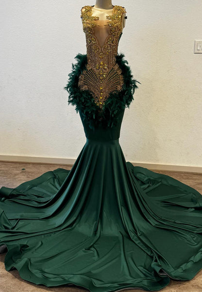 V-Neck Beaded Feathered Pleated Mermaid Black Girls Prom Dress