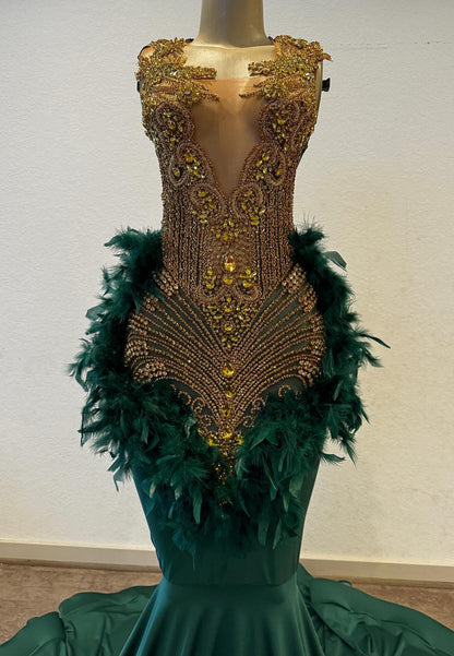 V-Neck Beaded Feathered Pleated Mermaid Black Girls Prom Dress