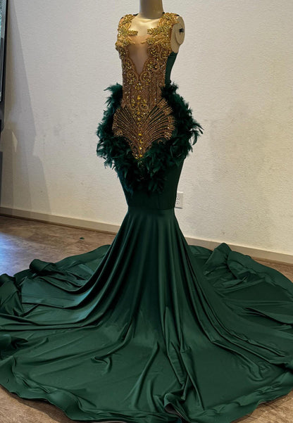 V-Neck Beaded Feathered Pleated Mermaid Black Girls Prom Dress