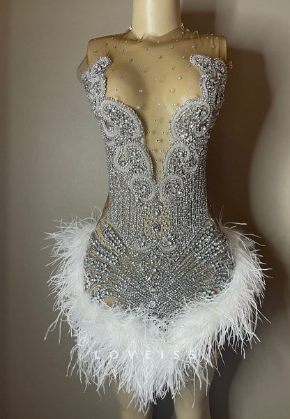 V-Neck Beaded Feathered Sheath Homecoming Dress for Black Girls