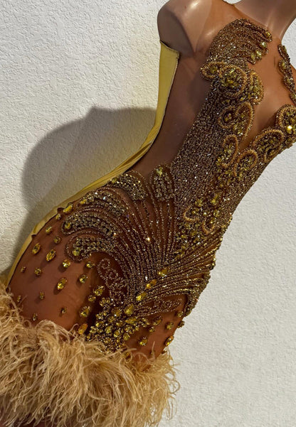 V-Neck Beaded Feathered Sparkly Sheer Short Prom Dress for Black Girls