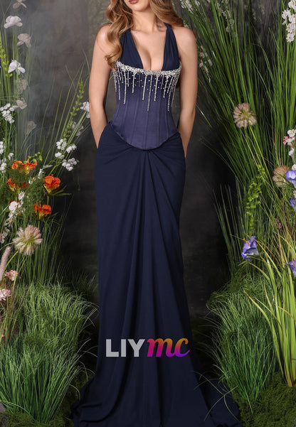 V-Neck Beaded Ruched Evening Dress Mermaid Prom Dress