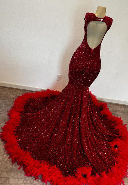 V-Neck Beaded Sequins Feathered Sparkly Mermaid Prom Dress for Black Girls