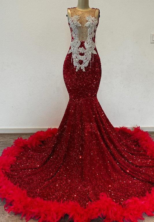 V-Neck Beaded Sequins Feathered Sparkly Mermaid Prom Dress for Black Girls