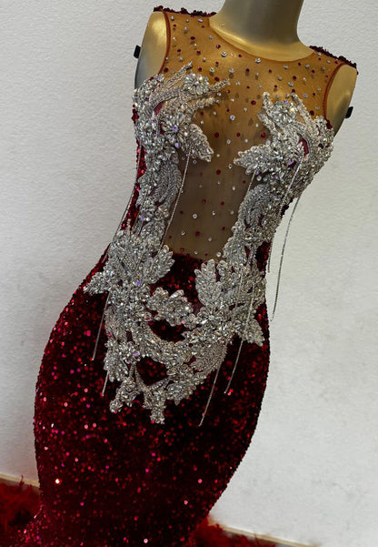 V-Neck Beaded Sequins Feathered Sparkly Mermaid Prom Dress for Black Girls