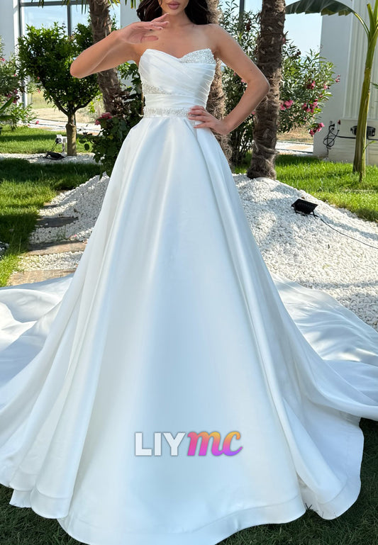 V-Neck Beaded Sleek Pleated A-Line Satin Wedding Dress