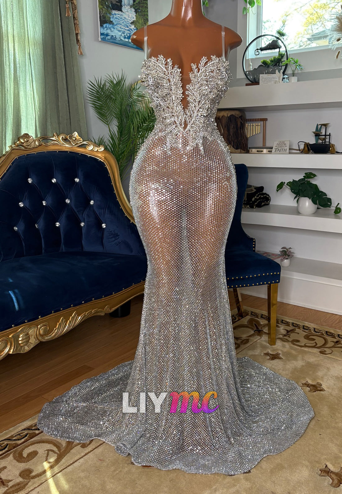 V-Neck Beaded Sleeveless Lined Sparkly Mermaid Prom Dress for Black Girls