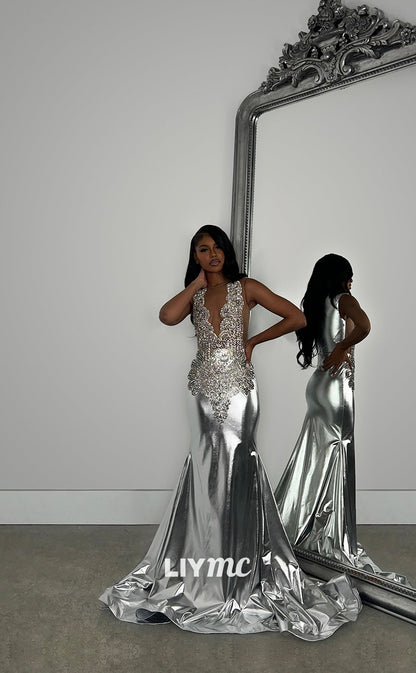 LP1268 - V-Neck Beaded Sparkly Mermaid Prom DressesProm Dresses for Black Girls Classy