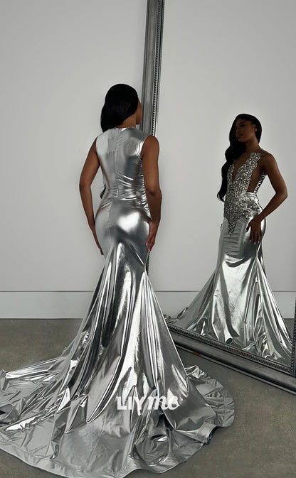 LP1268 - V-Neck Beaded Sparkly Mermaid Prom DressesProm Dresses for Black Girls Classy