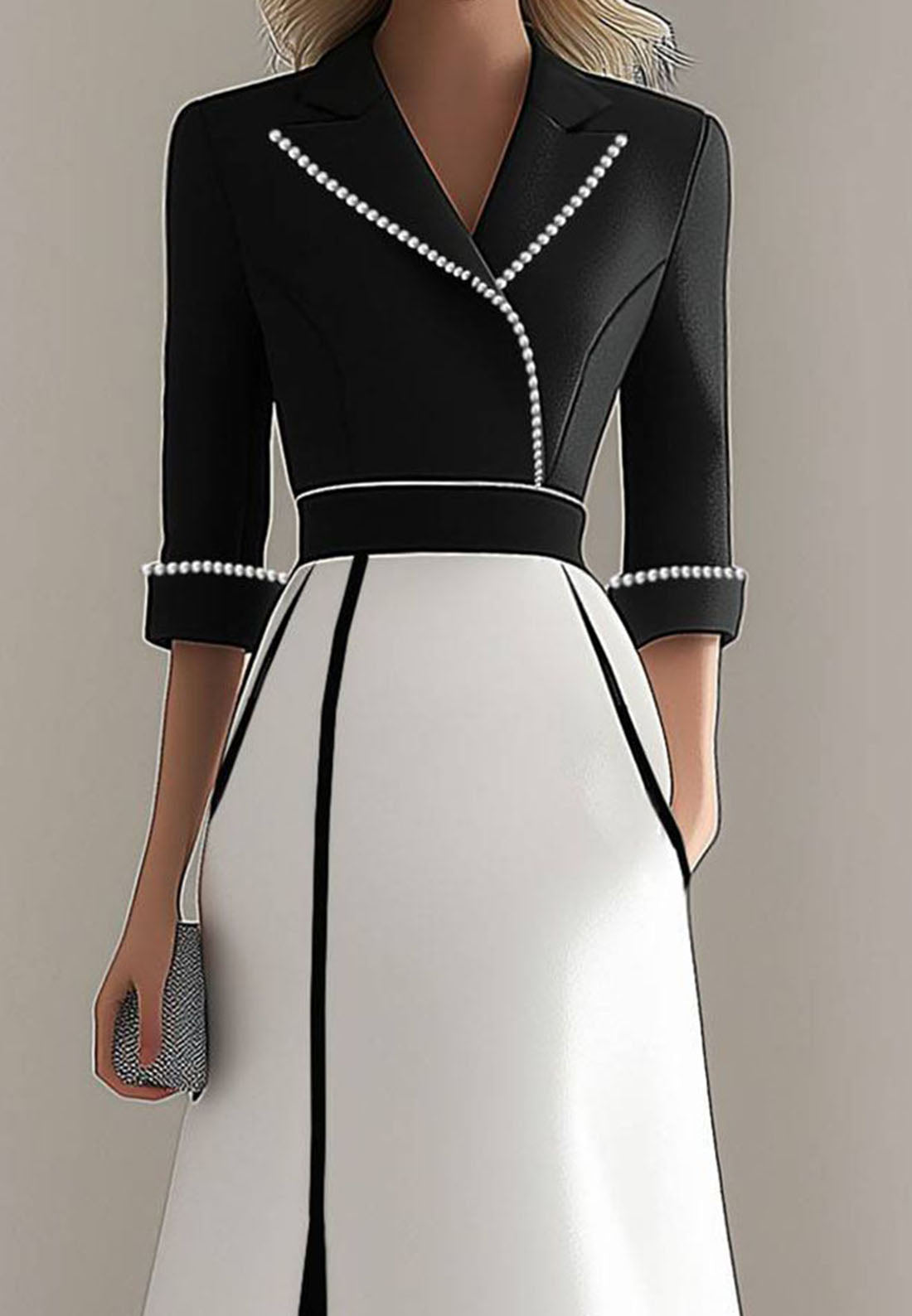 V-Neck Blazer Half Sleeves White Black Midi Bussiness Dress