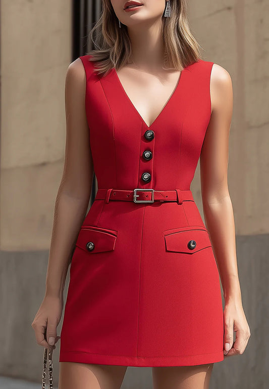 V-Neck Button Belt Sleeveless Sheath Short Work Dress