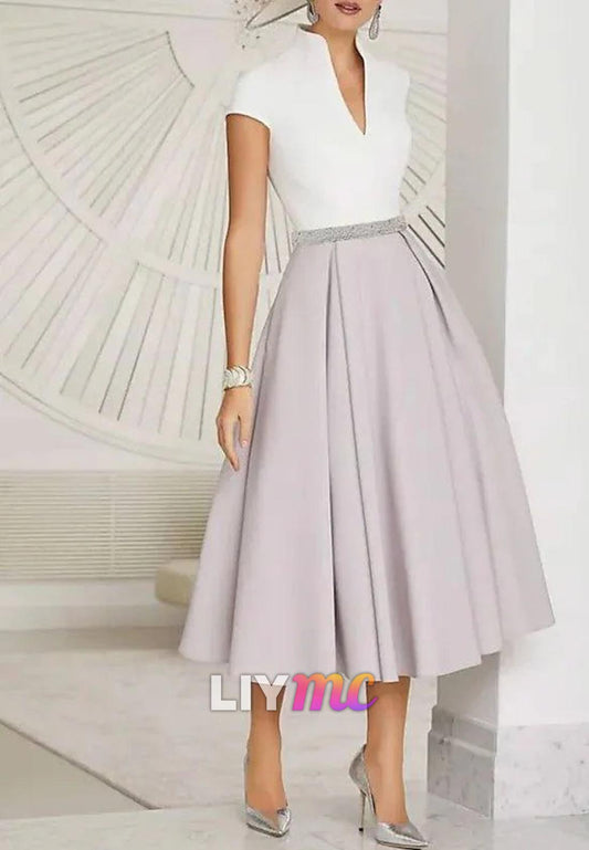 V-Neck Cap Sleeves A-Line Mother of Bride Dress