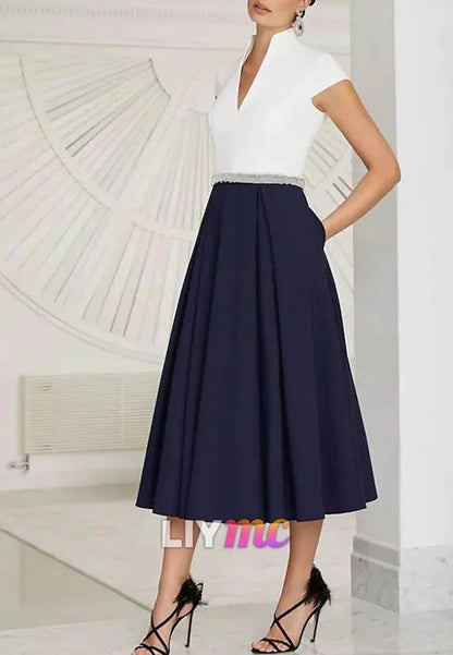 V-Neck Cap Sleeves A-Line Mother of Bride Dress
