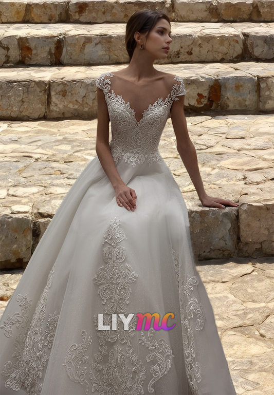 V-Neck Cap Sleeves All Lace Appliques Ball Gown Classic Wedding Dress