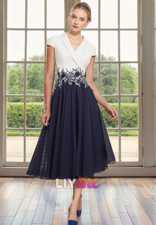 V-Neck Cap Sleeves Appliques A-Line Pleated Mother of Bride Dress Cocktail Dress