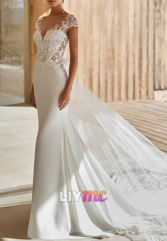 V-Neck Cap Sleeves Appliques Backless Mermaid Wedding Dress
