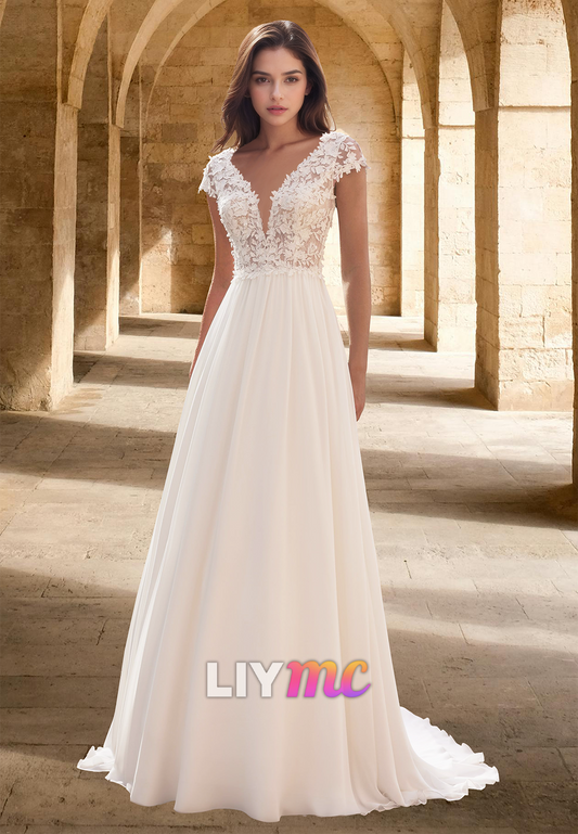 V-Neck Cap Sleeves Appliques Chiffon A-Line Beach Wedding Dress