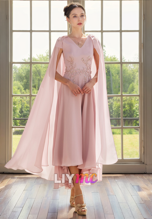 V-Neck Cap Sleeves Appliques Chiffon A-Line Mother of Bride Dress Cocktail Dress