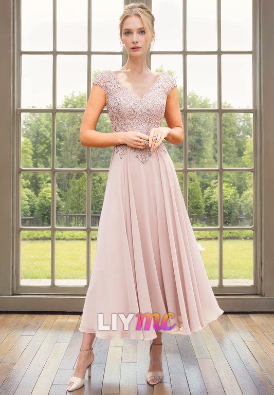 V-Neck Cap Sleeves Appliques Chiffon Pleated A-Line Mother of Bride Dress Cocktail Dress