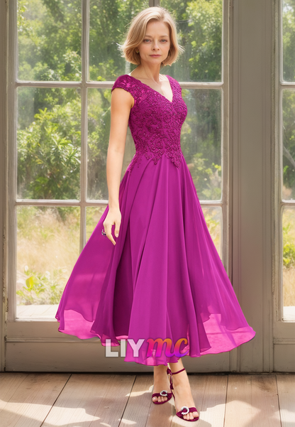 V-Neck Cap Sleeves Appliques Chiffon Pleated A-Line Mother of Bride Dress