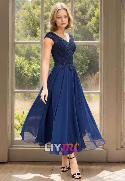 V-Neck Cap Sleeves Appliques Chiffon Pleated A-Line Mother of Bride Dress