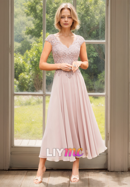 V-Neck Cap Sleeves Appliques Chiffon Pleated A-Line Mother of Bride Dress