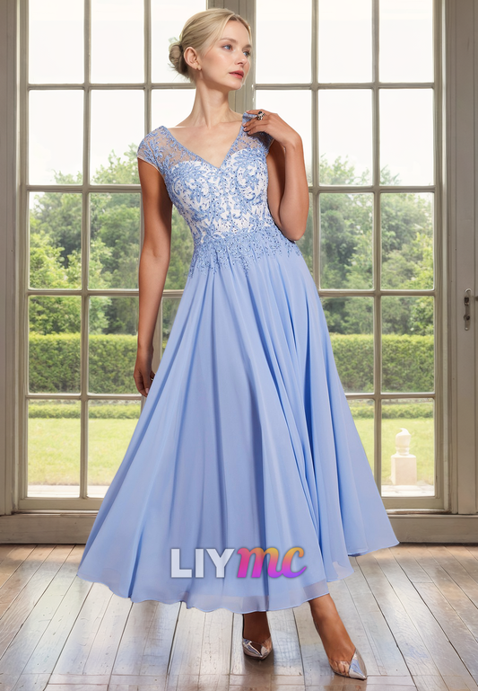 V-Neck Cap Sleeves Appliques Pleated A-Line Chiffon Mother of Bride Dress Cocktail Dress