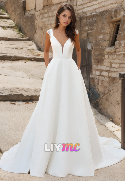 V-Neck Cap Sleeves Appliques Pleated A-Line Wedding Dress