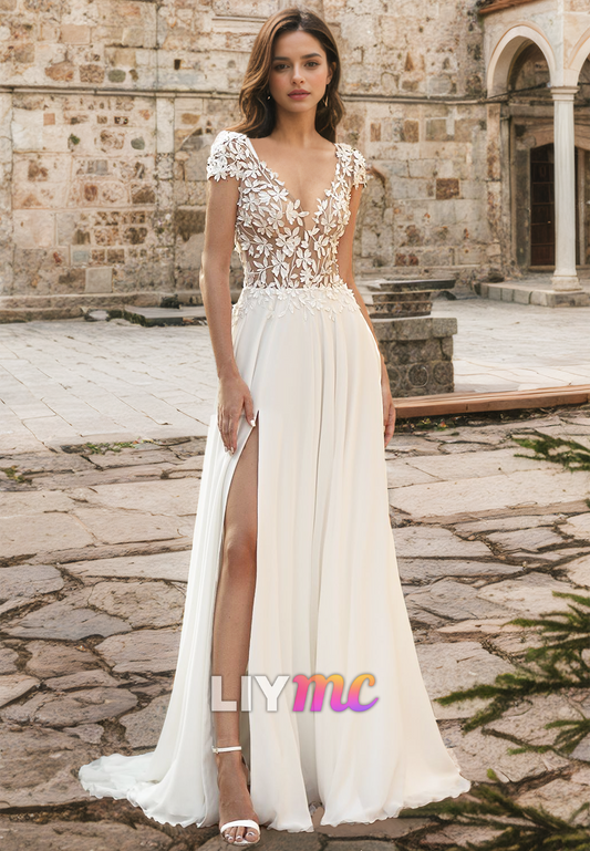 V-Neck Cap Sleeves Appliques Side Slit A-Line Beach Wedding Dress