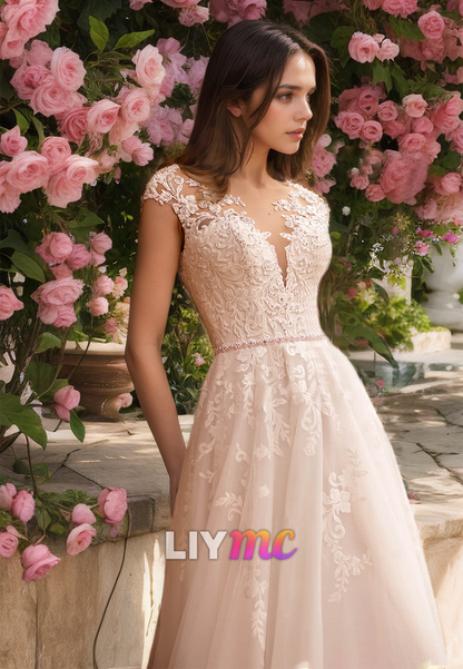 V-Neck Cap Sleeves Appliques Tulle A-Line Wedding Dress