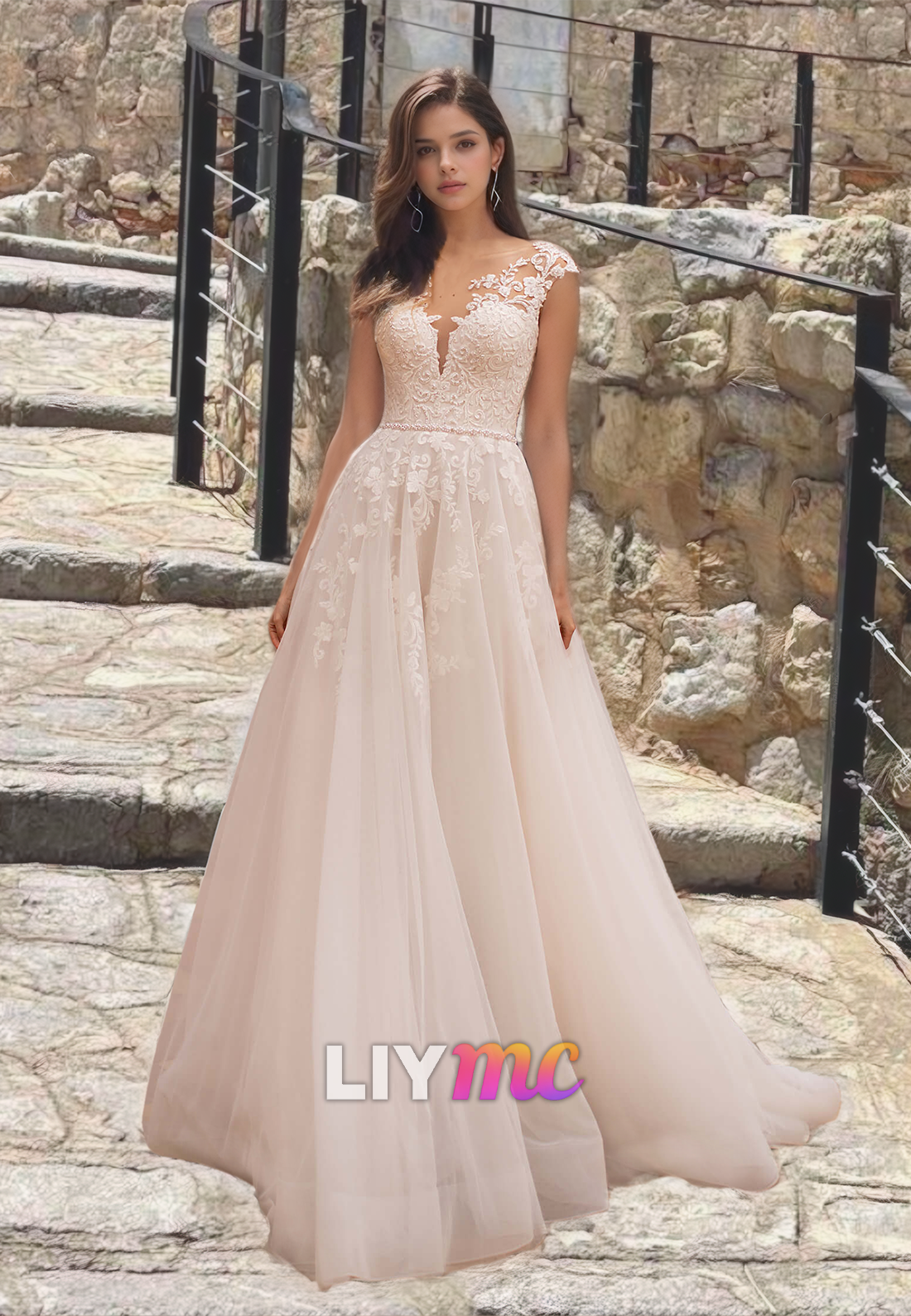 V-Neck Cap Sleeves Appliques Tulle A-Line Wedding Dress