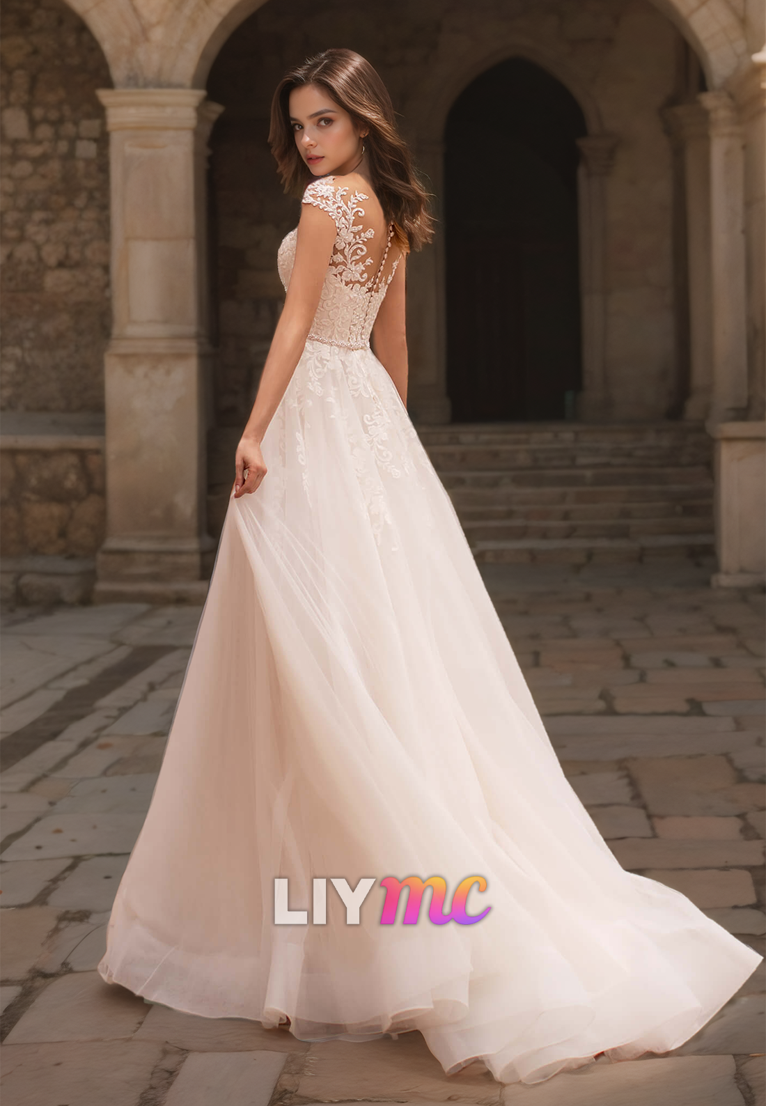 V-Neck Cap Sleeves Appliques Tulle A-Line Wedding Dress