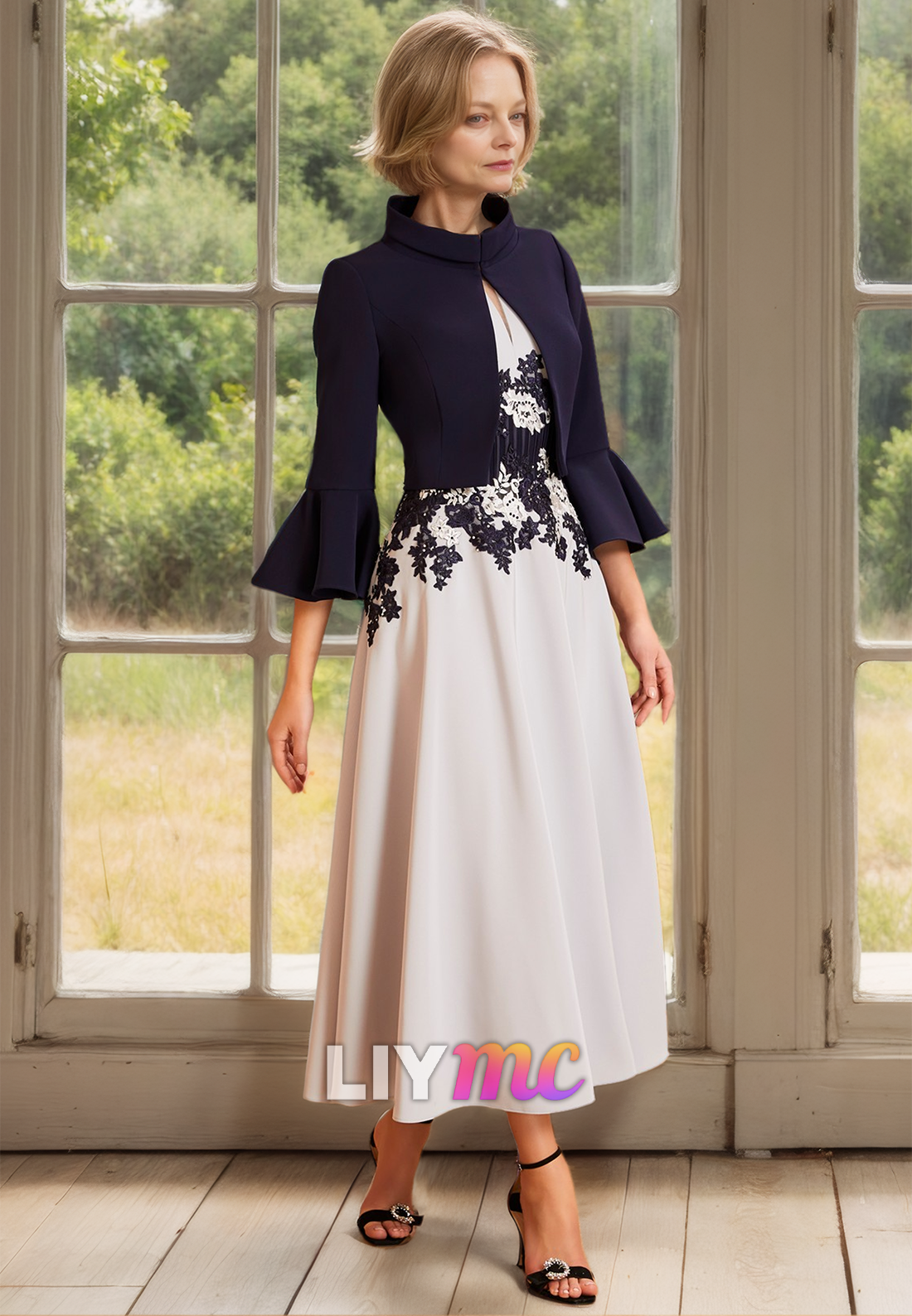 M1172 - Scoop Cap Sleeves Appliques Pleated A-Line Mother of Bride Wedding Guest Dress