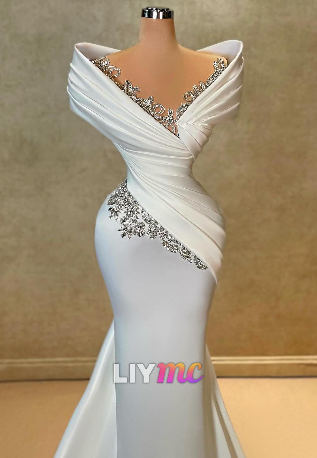 V-Neck Cap Sleeves Beaded Satin Mermaid Wedding Dress