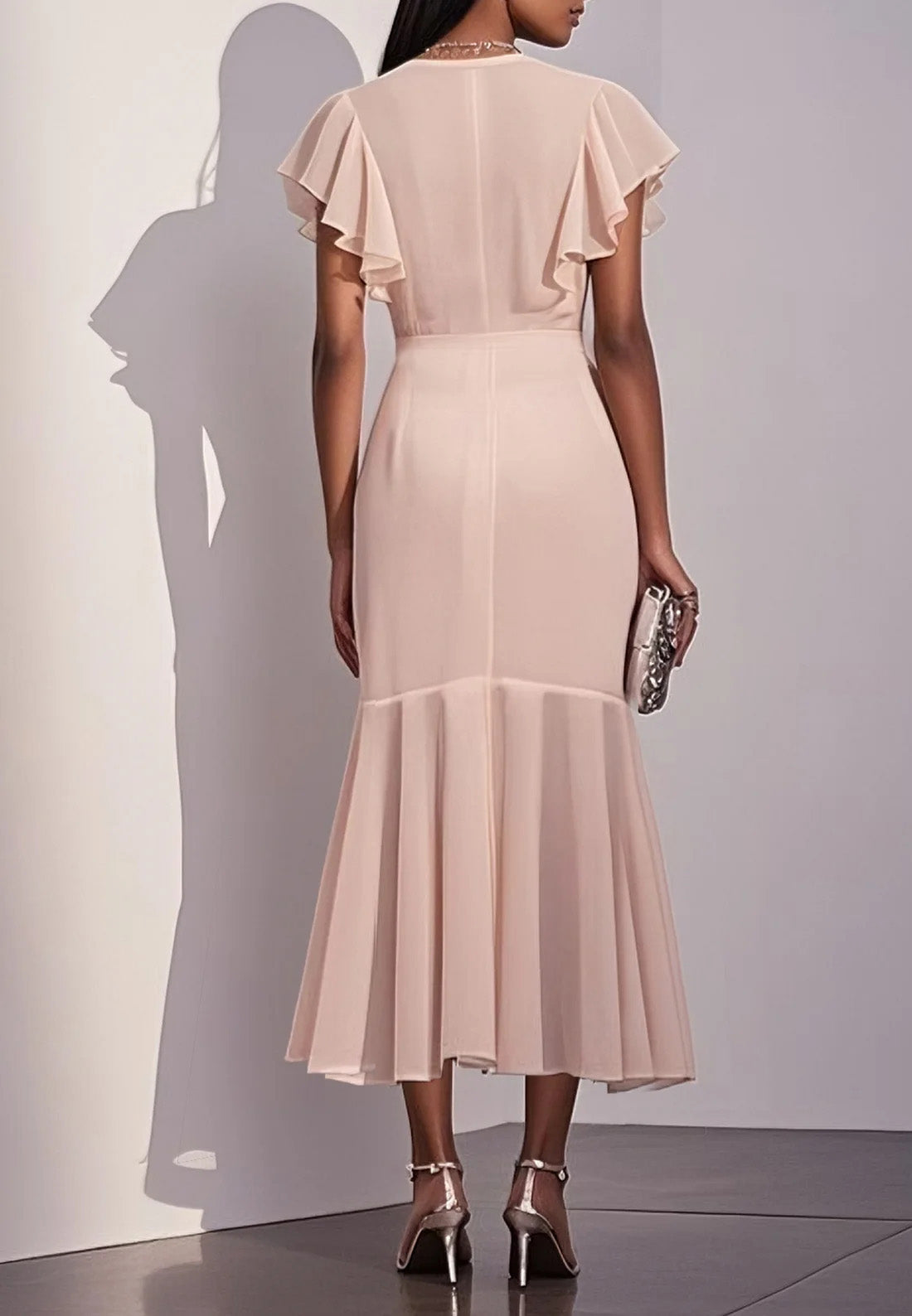 V-Neck Cap Sleeves Chiffon Pleated Sheath Work Dress