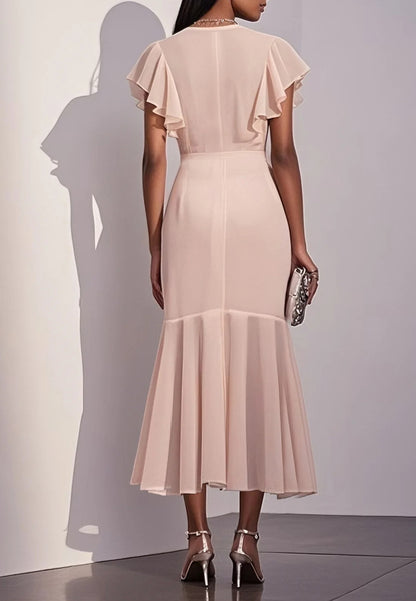 V-Neck Cap Sleeves Chiffon Pleated Sheath Work Dress