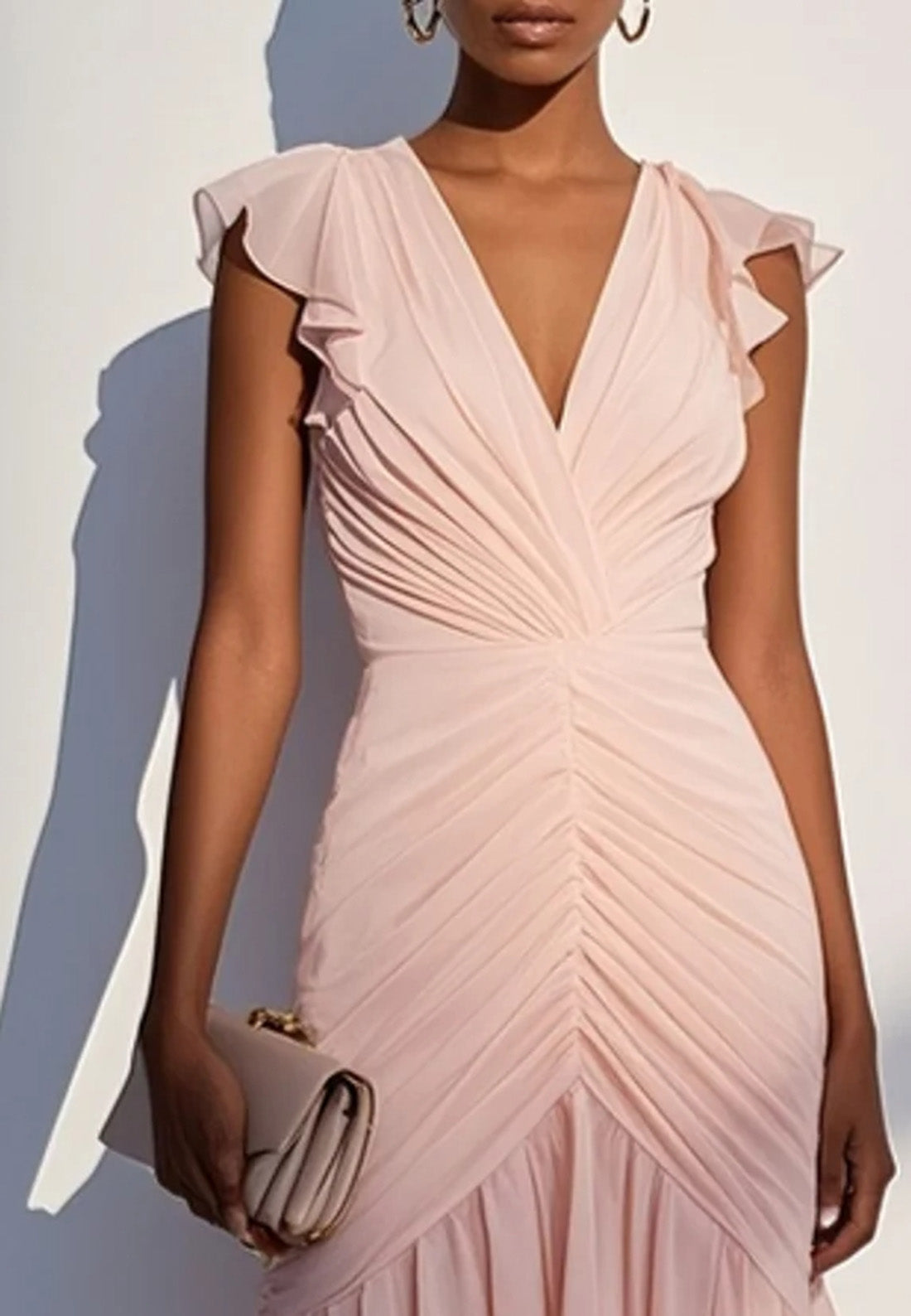 V-Neck Cap Sleeves Chiffon Pleated Sheath Work Dress