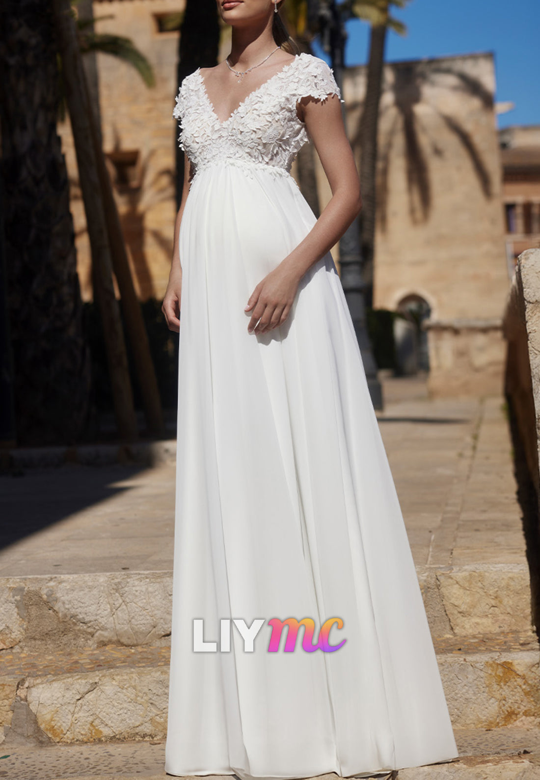 V-Neck Cap Sleeves Empire Waist Appliques A-Line Wedding Dress