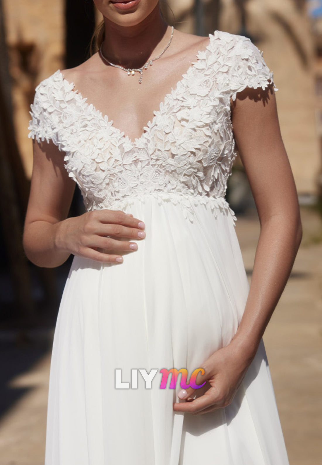 V-Neck Cap Sleeves Empire Waist Appliques A-Line Wedding Dress