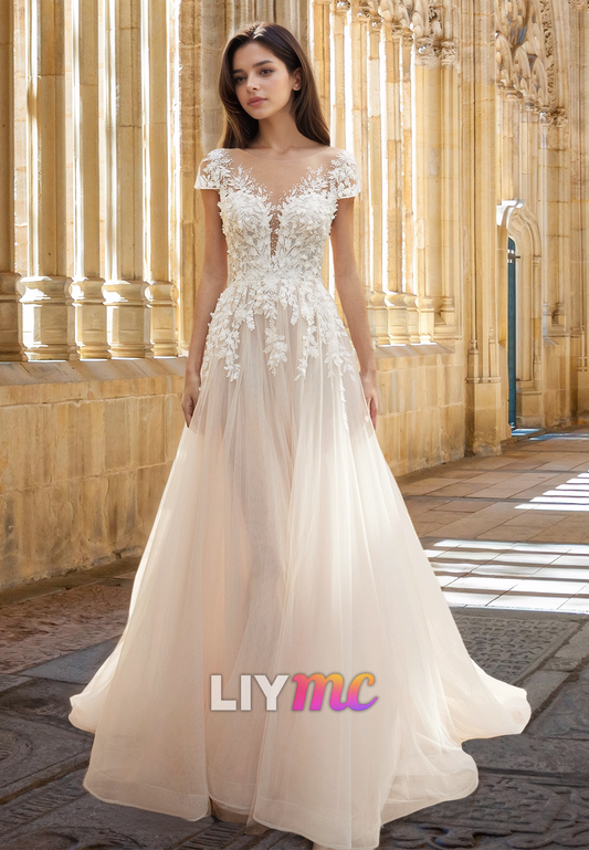 V-Neck Cap Sleeves Floral Appliques Tulle A-Line Beach Wedding Dress