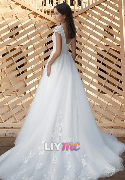 V-Neck Cap Sleeves Floral Appliques Tulle Ball Gown Wedding Dress