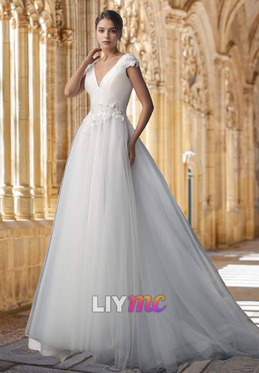 V-Neck Cap Sleeves Floral Appliques Tulle Ball Gown Wedding Dress