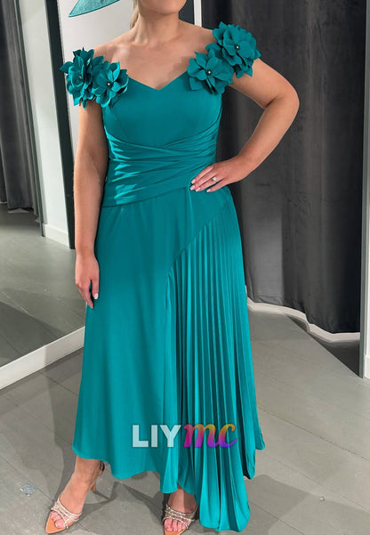 V-Neck Cap Sleeves Floral Embellished Pleated A-Line Mother of Bride Dress